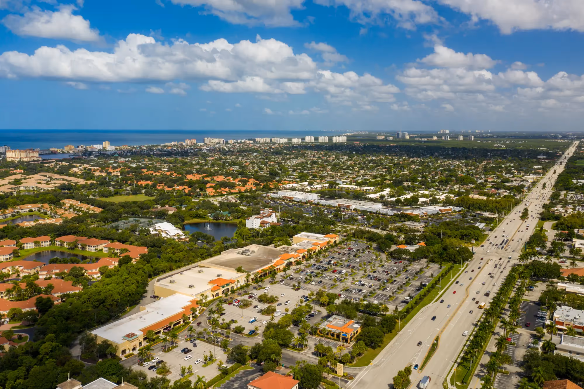 Aerial view of Naples, Florida, showing residential neighborhoods and the Gulf of Mexico coastline