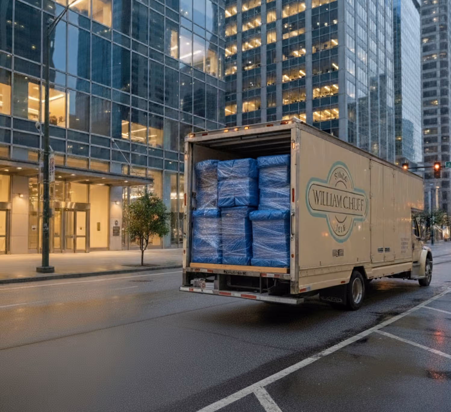 William C. Huff moving truck loaded with protected furniture parked on a city street in front of a modern glass office building