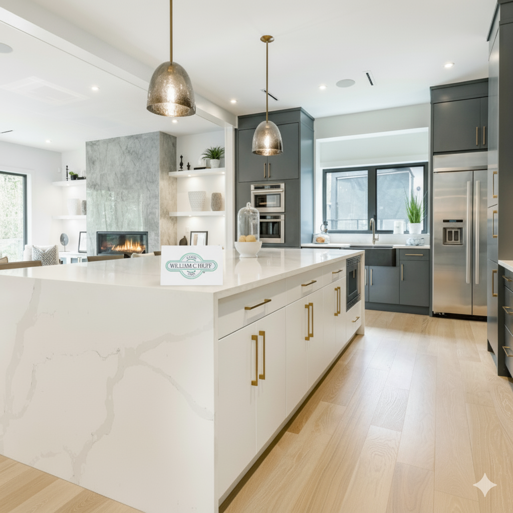 A luxury modern kitchen with a large marble island and a William C. Huff thank you note