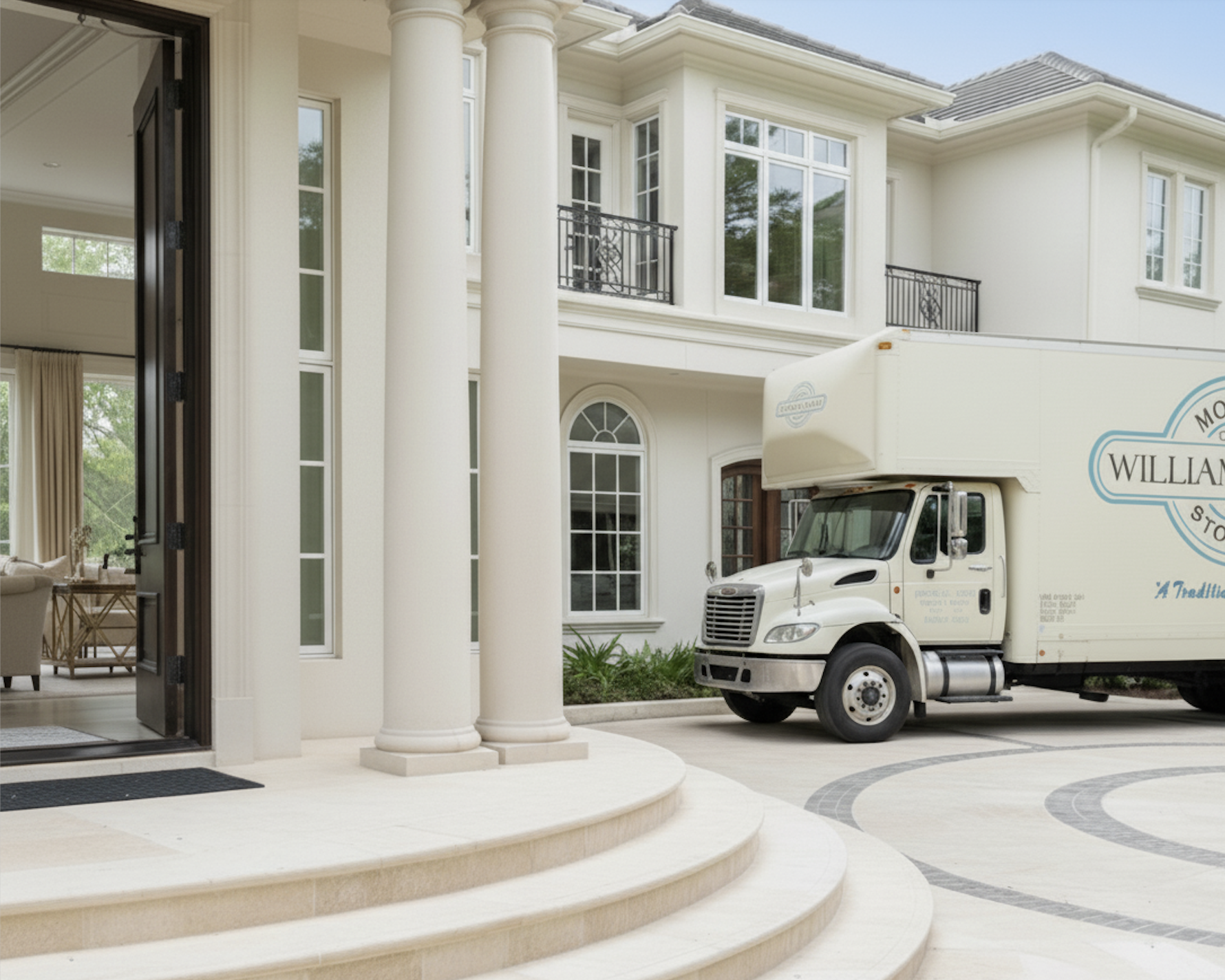 William C. Huff moving truck parked in front of a grand luxury mansion with white pillars and a circular driveway