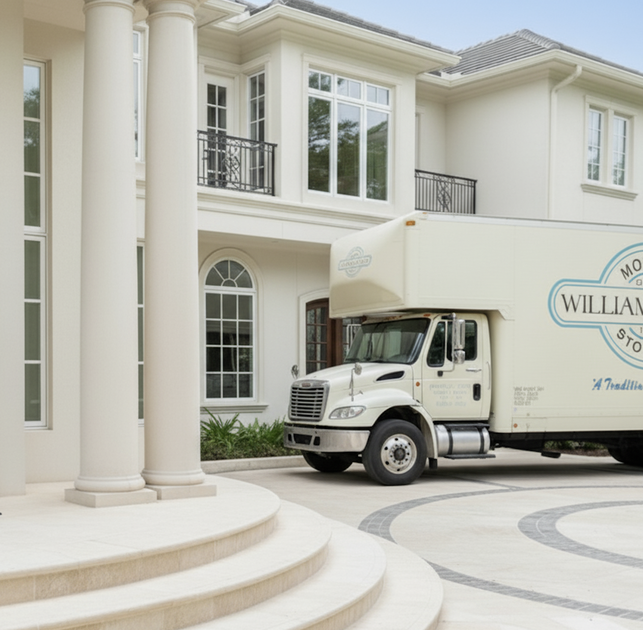 William C. Huff moving truck parked in front of a grand luxury mansion with white pillars and a circular driveway
