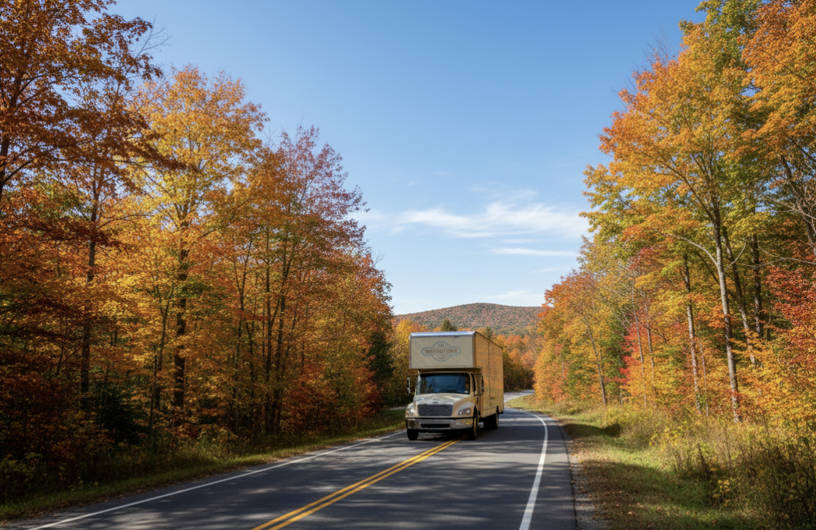 Professional moving truck driving on a scenic highway through colorful fall foliage in New Hampshire